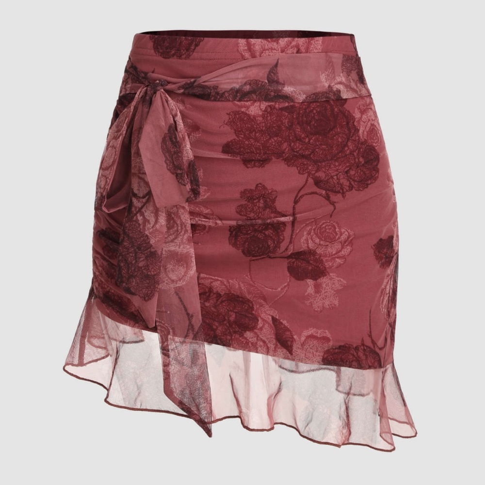 Cider Burgundy Floral Mini Skirt
